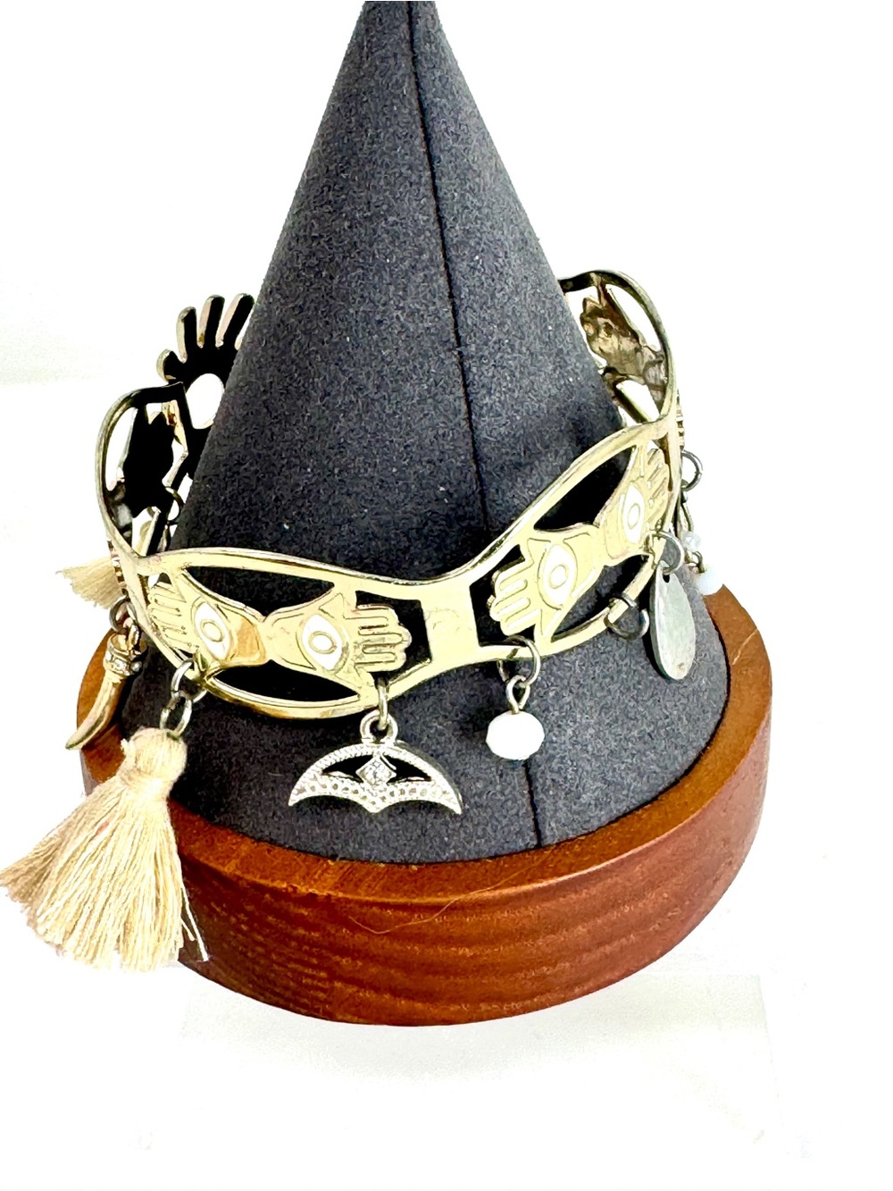 Boho Gold Tone Cutout Hamsa Evil Eye Charm Cuff Bracelet - Good Condition